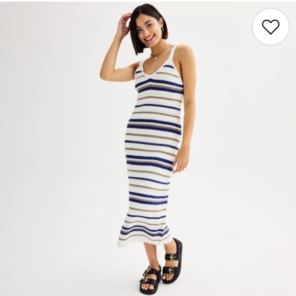 Womens Stripes Knit Tank Dress with Blue & Tan Accents Open Knit sz M Minimalist